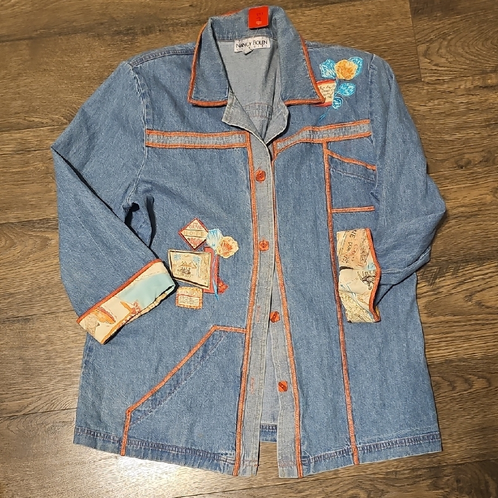 VINTAGE 80s Nancy Bolen City Girl Denim shirt Large Patch Embroidery Orange Trim